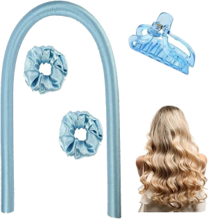 YQQZQ Heatless Curling Rod Headband with 2 Hair Rings and 1 Hairpin, Upgrade Hair Curlers for Long Hair to Lady DIY Favorite Wave Hairstyle (Rubber,Blue)