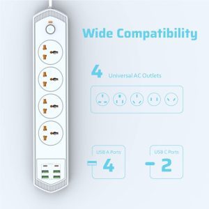 Surge Protector 3M 4 AC Outlets/2 Type C Ports/4 USB Ports Power Strip Power Board 4.2A 3000W Surge Protection