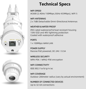 WAVLINK Weatherproof AC600 Outdoor Access Point/Wifi Range Extender/Wifi Repeater/Router, 2.4G 150Mbps + 5G 433Mbps Dual Band Wifi with 2X High Gain Antennas