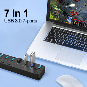 T Tersely Individual Power Switches and Leds On/Off 7-Port USB 3.0 Hub, Ultra Slim 5Gbps Super Speed USB Data Transfer Hub Expansion Splitter for Macbook, XPS, PC, USB Flash Drives, Mobile HDD, More