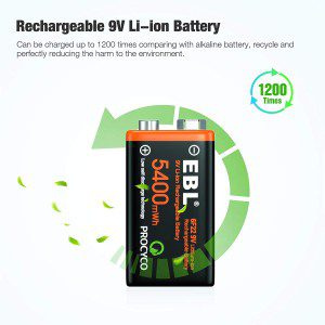 EBL USB Rechargeable 9V Lithium Batteries – 5400Mwh Long Lasting Li-Ion Batteries with Micro Charging Cable – Quick Charge in 2 Hours (4 Pack)