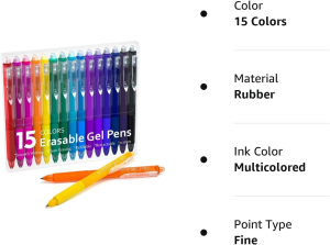 Erasable Gel Pens, 15 Colors Lineon Retractable Erasable Pens Clicker, Fine Point, Make Mistakes Disappear, Assorted Color Inks for Drawing Writing Planner and Crossword Puzzles