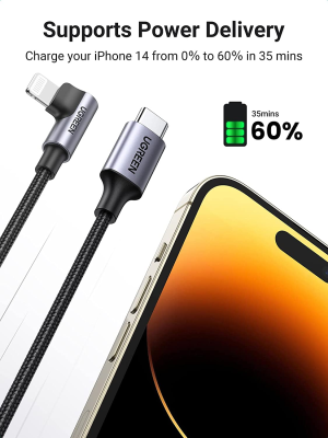 UGREEN USB-C to Lightning Cable Right Angle 90 Degree [1M Apple Mfi-Certified] Nylon Braided Cord, Power Delivery Fast Charging Cable for Iphone 14 Pro Max 13 12 SE 11 XS XR 8 Plus, Airpods Pro, Ipad