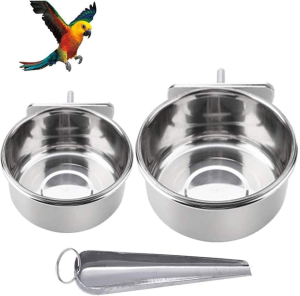 Tfwadmx 2 Pack Bird Feeding Dish Cups, Parrot Food Bowl Clamp Holder – Stainless Steel Coop Cup, Bird Cage Water Bowl for Parakeet African Greys Conure Cockatiels Lovebird Budgie Chinchilla