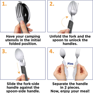 Orblue 2-Pack 4-In-1 Camping Utensils – Portable Stainless-Steel Camping Spoon, Fork, Knife and Can/Bottle Opener – Backpacking Utensils with Case, Orange