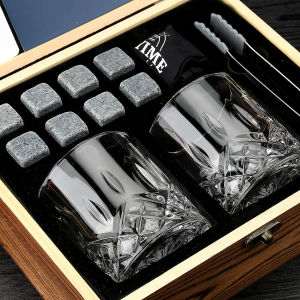 Whisky Stones Glasses Gift Set, 2 Crystal Bourbon Scotch Glasses 8 Whiskey Granite Chilling Rocks, Premium Wooden Gift Box Burbon Present for Whisky Lovers/Men/Christmas/Birthday/Holiday/Retirement/Father’S Day