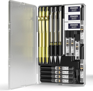 Nicpro Gold Mechanical Pencils Set, 3 PCS Metal Drafting Pencil 0.5 Mm & 0.7 Mm & 0.9 Mm & 3 PCS 2Mm Graphite Lead Holder (2B HB 2H) for Writing, Sketching Drawing with 12 Tube Lead Refills Case