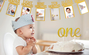 1St Birthday Baby Photo Banner for Newborn to 12 Months, with High Chair Banner, Monthly Milestone Photograph Bunting Garland First Birthday Celebration Decoration