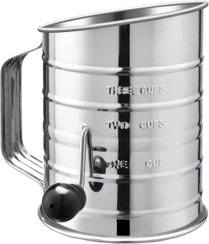 U-Taste Stainless Steel Flour Sifter: 3 Cup Sifter with 4 Wire Agitators for Quick Sifting, 1 Cushion Ring, Crank Plastic Handle, Stamped Measurement, 20 Fine Mesh for Baking Flour, Powered Sugar