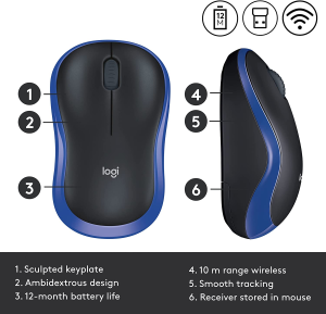 Logitech M185 Wireless Mouse, 2.4Ghz with USB Mini Receiver, 12-Month Battery Life, 1000 DPI Optical Tracking, Ambidextrous, Compatible with PC, Mac, Laptop – Blue