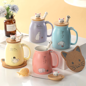 Cat Mug Cute Ceramic Coffee Cup with Lovely Kitty Wooden Lid Stainless Steel Spoon,Novelty Morning Cup Tea Milk Christmas Mug 380ML (Yellow)