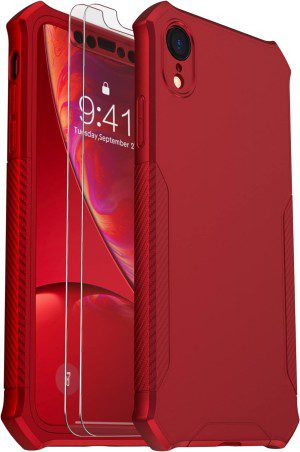 Oretech 360°Protective for Iphone XR Case and [2 X 9H Glass Screen Protectors] [Full Body Shockproof] Hard PC Front with Silicone TPU Bumper Non-Slip Hybrid Cover for Iphone XR Phone Case 2018 – Red