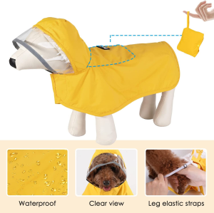 Slowton Waterproof Dog Raincoat, Clear Hooded Double Layer Rain Jacket for Small Medium Large Dogs Puppies, Dog Poncho with Reflective Strip Adjustable Velcro Straps and Storage Pocket