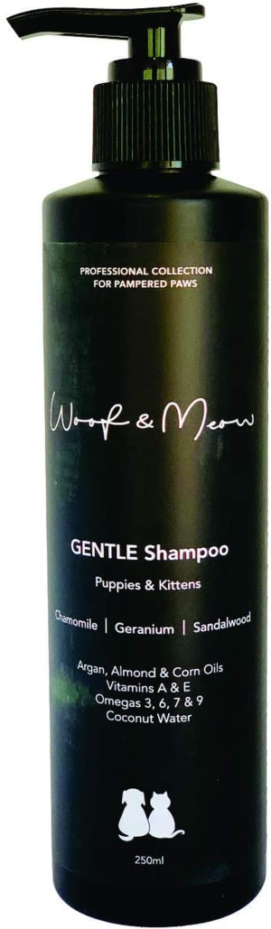 Woof & Meow Premium Natural Gentle Shampoo for Puppies & Kittens (250Ml) | Contains Coconut Water, Argan Oil, Almond Oil, Corn Oil, Cedarwood, and Sandalwood