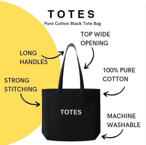 TOTES Pure Cotton Black Tote Bag| (50X43Cm) Eco-Friendly Foldable Shoulder Shopping Bags | Washable Reusable Cloth & Unisex Grocery Bags with (50Cm) Handles