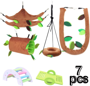 LZYMSZ 7PCS Hamster Hanging Warm Bed, Rat Hanging Bed House Forest Pattern Cage Toy Small Animals Cage Nest Accessories, Hamster Hammock Tunnel Swing Set for Parrot Ferret Squirrel Hamster Playing