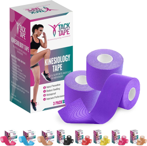 TACK TAPE Kinesiology Sports Tape with Gym Bag – Water & Sweat Resistant Therapeutic Tape for Performance Fitness Athletes, Protect & Assist Motion, Injury Recovery – Ebook Included (Large Box (3 Rolls), Purple)