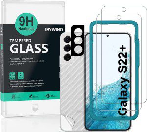 Ibywind Screen Protector for Samsung Galaxy S22 Plus/S22+ 5G, [Pack of 2] with Camera Lens Protector (Metal Material),Back Carbon Fiber Skin Protector,Including Easy Install Kit