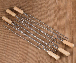 IMEEA Double Prongs BBQ Skewers Barbecue Shish Kebab Skewers Stainless Steel for Grilling Wooden Handle 15 Inch (6)