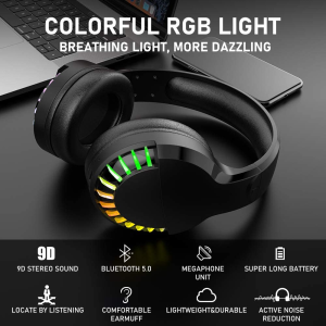 Wireless Bluetooth Headphone with Noise Cancellation Hifi Stereo Sound Mic Deep Bass Protein Earpad Rainbow RGB Backlight Rechageable over Ear Headset for PC Mac Game Travel Class Home Office(Black)