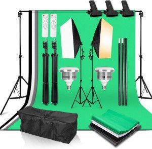 Abeststudio Studio Lighting Kit Bi-Color Dimmable 2X 85W Softbox Continuous Lighting Background Support System Black White Green Backdrop Cloth with Stand for Portrait Product Photography Video Shooting