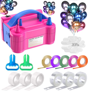 Electric Air Balloon Pump, Portable Balloon Inflator with 50PCS Chrome Metallic Balloons, Tying Tools, 20 Flower Clips, Tape Strip & Dot Glues Balloon Blower for Garland Party Birthday Wedding Decor