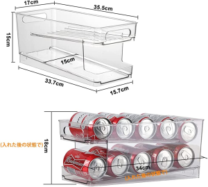 Fridge Organiser, Refrigerator Storage Bins with Rolling, 2-Tier Can Dispenser, Drink Food Storage, Home Kitchen Organisation, Soda Beverage Container, for Fridge Freezer Pantry Countertop Cabinets