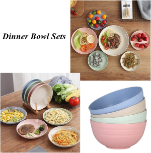 WANBY Lightweight Wheat Straw Cereal Bowls Unbreakable Dinner Dishes Bowl Set Dishwasher & Microwave Safe (4 Pack 26Oz)