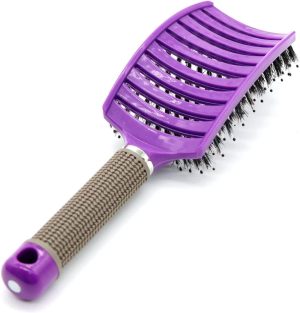 Boar Bristle Hair Brush – Curved & Vented Detangling Hair Brush for Women Long, Thick, Curly and Tangled Hair, Blow Drying Detangling and Head Massage Hair Styling (Purple)