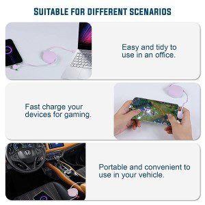 USB Retractable 3 in 1 Charging Cable, Type C/Micro USB Universal Charger, Compatible with Huawei, Tablets, Smart Phones, Oppo, Samsung S21, S9, Note 10 LG, Etc. (Purple)