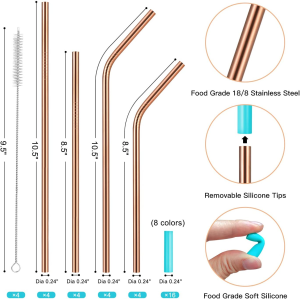 Strawexpert 16 Pack Rose Gold Reusable Metal Straws with Silicone Tip & Travel Case & Cleaning Brush,Long Stainless Steel Straws Drinking Straw for 20 and 30 Oz Tumbler