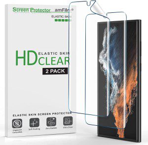 (2 Pack) Amfilm Elastic Skin Screen Protector Compatible with Samsung Galaxy S22 Ultra 5G 6.8 Inch, Fingerprint ID Compatible, with Easy Installation Alignment