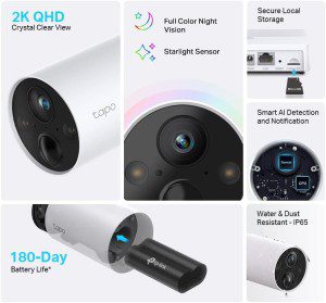 Tp-Link Tapo Smart Wire-Free Security Camera System, 2K QHD, 4MP, Full-Colour Night Vision, Smart AI Detection and Notification, Light and Sound Alarm, Local Storage, IP65, Hub Included (Tapo C420S2)