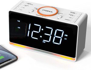 Alarm Clock Radio, 1.4″ White LED Display Clock with Bluetooth, FM Radio, Dual Alarm, Sleep Timer, Snooze, Auto & Manual Dimmer, USB Charger and Night Light Itoma CKS718