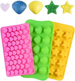 Silicone Gummy Molds Chocolate Molds Candy Mold and Silicone Ice Cube Tray Nonstick Including Hearts, Stars, Shells & Bears Set of 5 Best Food Grade Silicone Gumdrop Molds with 2 Bonus Droppers