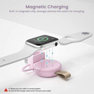 NEWDERY Charger for Apple Watch Portable Iwatch USB Wireless Charger, Travel Cordless Car Charger with Light Weight Magnetic Quick Charge for Apple Watch Ultra 8 7 SE 6 5 4 3 2 1 (Pink)