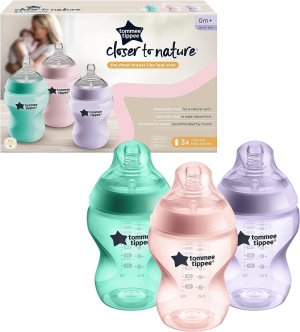 Tommee Tippee Closer to Nature Newborn Baby Bottles, Slow Flow Breast-Like Teat with Anti-Colic Valve, 260Ml, Pack of 3, 0 Months+