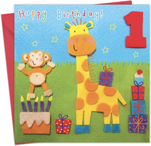 Twizler 1St Birthday Card for Child with Giraffe and Monkey – One Year Old – Age 1 – Childrens Birthday Card – Girls Birthday Card – Boys Birthday Card – Happy Birthday Card