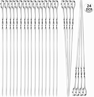 24Pcs Kabob Skewers, Betterjonny Flat Metal BBQ Barbecue Skewer 12″ Long Stainless Steel Reusable Shish Kebob Sticks Skewers for Grilling Meat Shrimp Chicken Vegetable