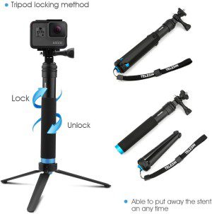 TELESIN 35” Selfie Stick with Tripod Phone Holder, Waterproof Pole Aluminum Extendable Monopod for Gopro Hero 11 10 9 8 7 Insta 360 One R One X2 X3 DJI Osmo Pocket Action 2 3 Camera Android Iphone