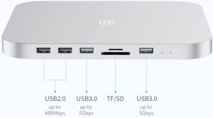 USB-C Hub with Hard Drive Enclosure, Hagibis Type-C Docking Station & Stand for Mac Mini M1 with SATA, USB 3.0, SD/TF Card Reader and USB 2.0 Ports for New MM M1 Laptop (Silver for Mac Mini 2020)