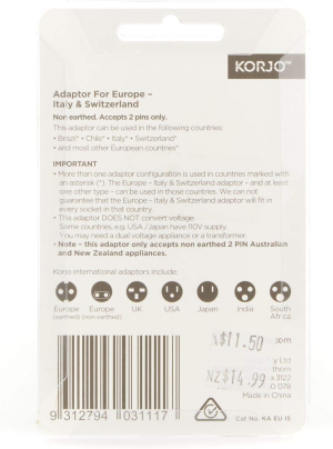 Korjo EU (Italy and Switzerland) Travel Adaptor, for AU/NZ Appliances, Use in Europe Including IT, CH