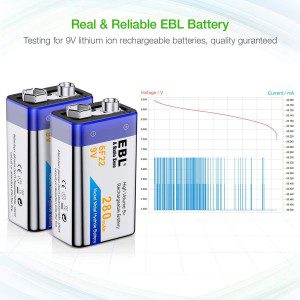 EBL 9V Rechargeable Batteries Nimh 280Mah 9V Battery for Smoke Alarm Detector, 4-Packs