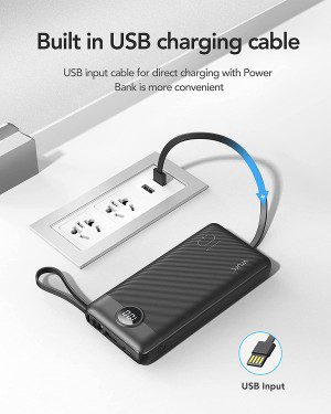 VRURC 10000Mah Power Bank USB C with Built in 4 Cables, Slim Portable Charger with 5 Outputs & 2 Inputs,Led Display External Cell Phone Battery Pack Compatible with Iphone Samsung Android Etc- Black