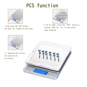 Small Digital Scale,1Kg/0.02G,Kitchen Scale,Food Scale,With Blue Backlit LCD Display, 6 Units, Auto Off, Tare, PCS Function, Stainless Steel, Battery Included,Soft Tape Included(150Cm)