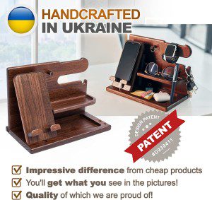 Wood Phone Docking Station Ash Key Holder Wallet Stand Watch Organizer Men Gift Husband Wife Anniversary Dad Birthday Nightstand Purse Father Graduation Male Travel Idea Gadgets (Brown)