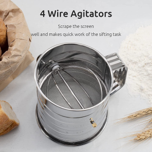 U-Taste Stainless Steel Flour Sifter: 3 Cup Sifter with 4 Wire Agitators for Quick Sifting, 1 Cushion Ring, Crank Plastic Handle, Stamped Measurement, 20 Fine Mesh for Baking Flour, Powered Sugar