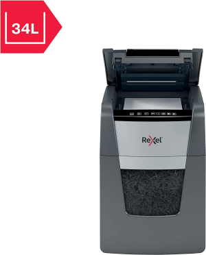 Rexel Optimum Auto Feed+ 100 Sheet Automatic Micro Cut Paper Shredder, P-5 Security, Home/Home Office, 34 Litre Removable Bin, 2020100MAU