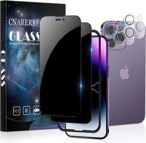 [2+2 Pack] Cnarery Privacy Screen Protector for Iphone 14 Pro Max with Alignment Frame, 2 Pack Full Coverage Privacy Tempered Glass Screen Protector and 2 Pack Camera Lens Protector[Easy Installation]