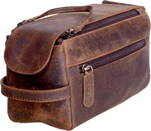 Komalc Premium Buffalo Leather Unisex Toiletry Bag Travel Dopp Kit Distressed Tan